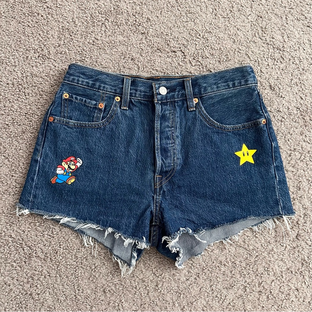 Dark Blue Denim Cutoff Shorts with Star & Character Patches